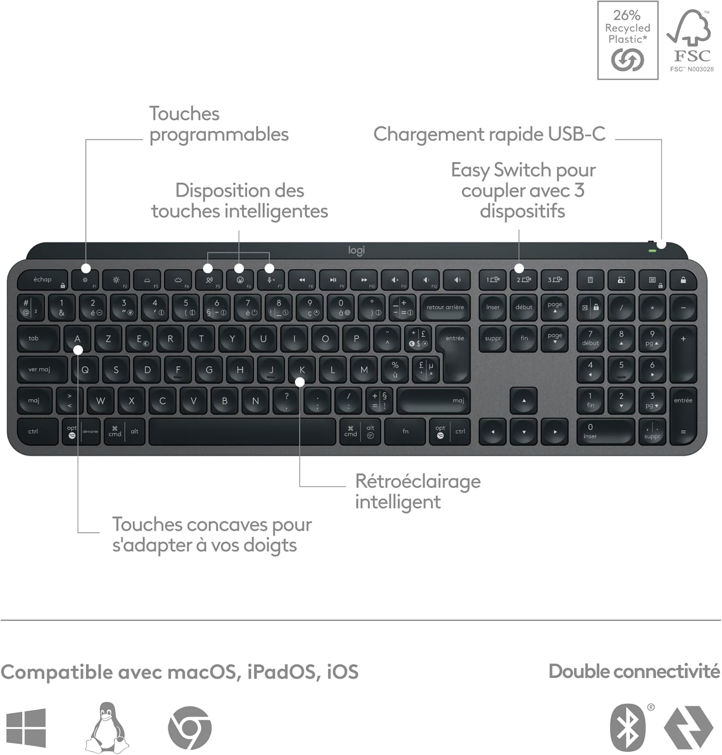 Clavier Logitech MX Keys S AZERTY Sans Fil Maroc — globalzone.ma