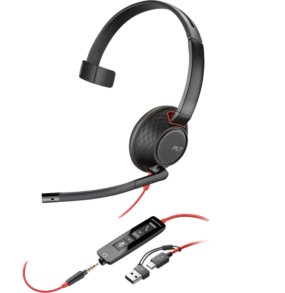 POLY Micro-casque monaural USB-C Blackwire 5210 + prise 3,5 mm + adaptateur USB-C/A (8X230AA)