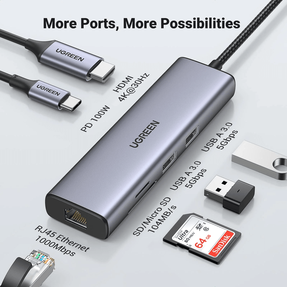 Hub USB-C UGREEN USB-C 7 en 1 Supporte PD (Power Delivery) 100W Recharge 90568 vue produit galerie 2