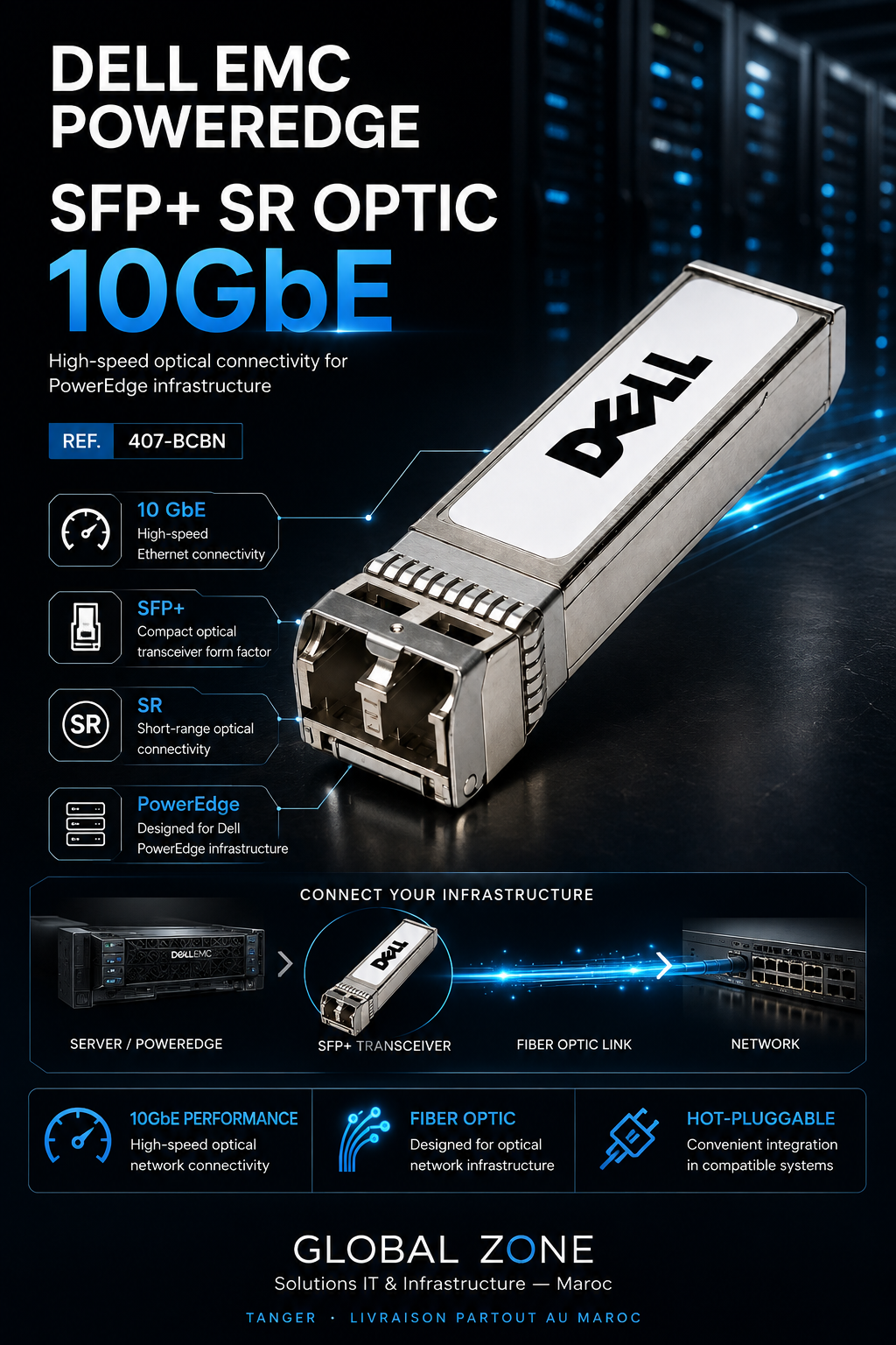 Achetez le Dell EMC 407-BCBN SFP+ SR Optic 10GbE 850nm au meilleur prix au Maroc. Module fibre optique 10GBase-SR, SFP+ enfichable à chaud pour serveurs Dell PowerEdge.