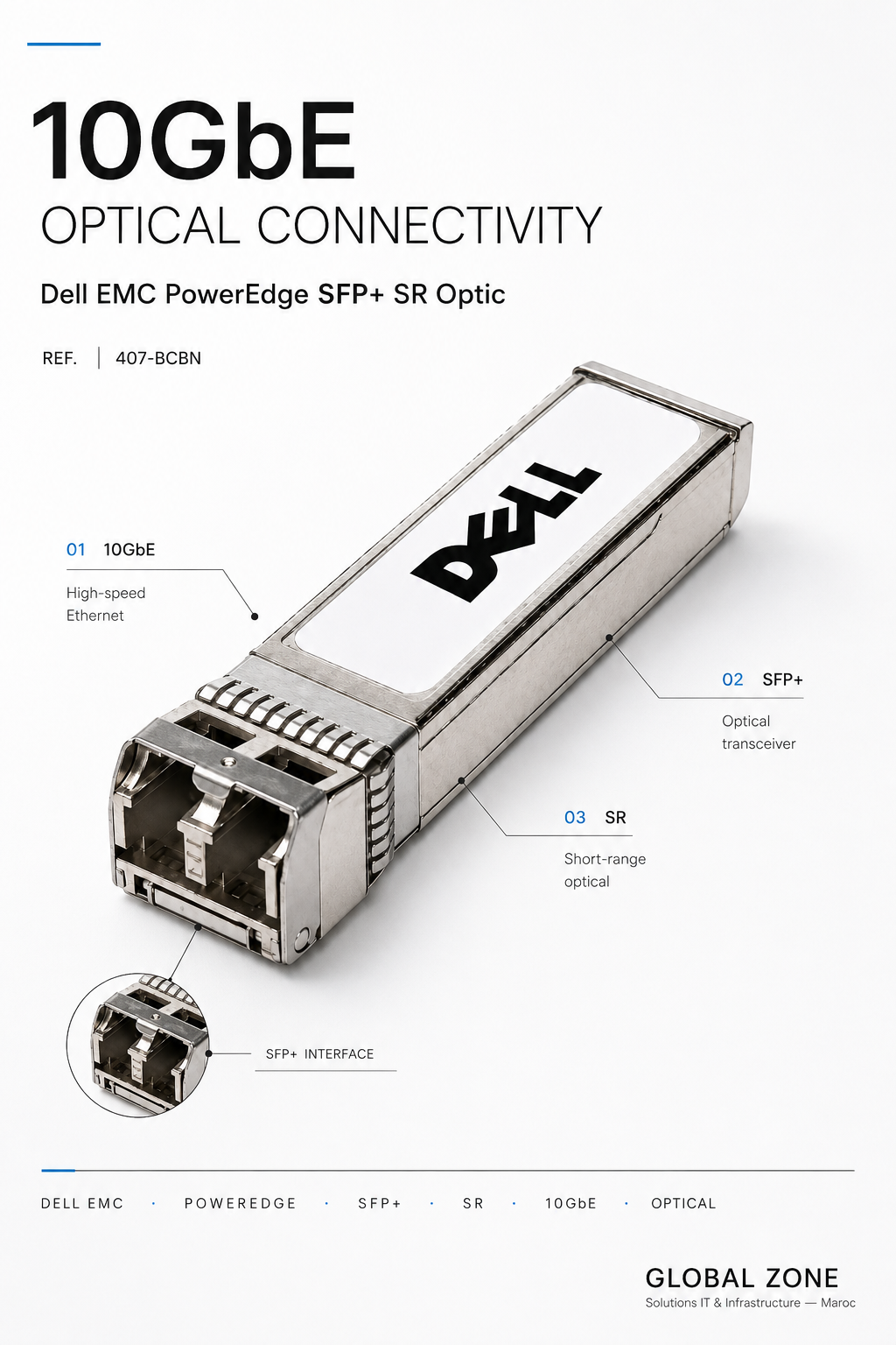 Achetez le Dell EMC 407-BCBN SFP+ SR Optic 10GbE 850nm au meilleur prix au Maroc. Module fibre optique 10GBase-SR, SFP+ enfichable à chaud pour serveurs Dell PowerEdge.