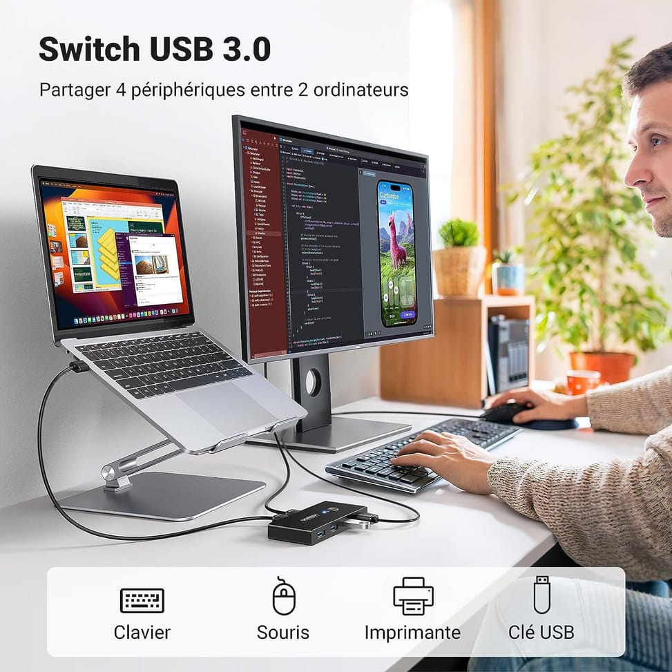 Commutateur USB UGREEN Switch USB 3.0 Ugreen 4 Ports pour 2 PC 30768 vue produit galerie 3
