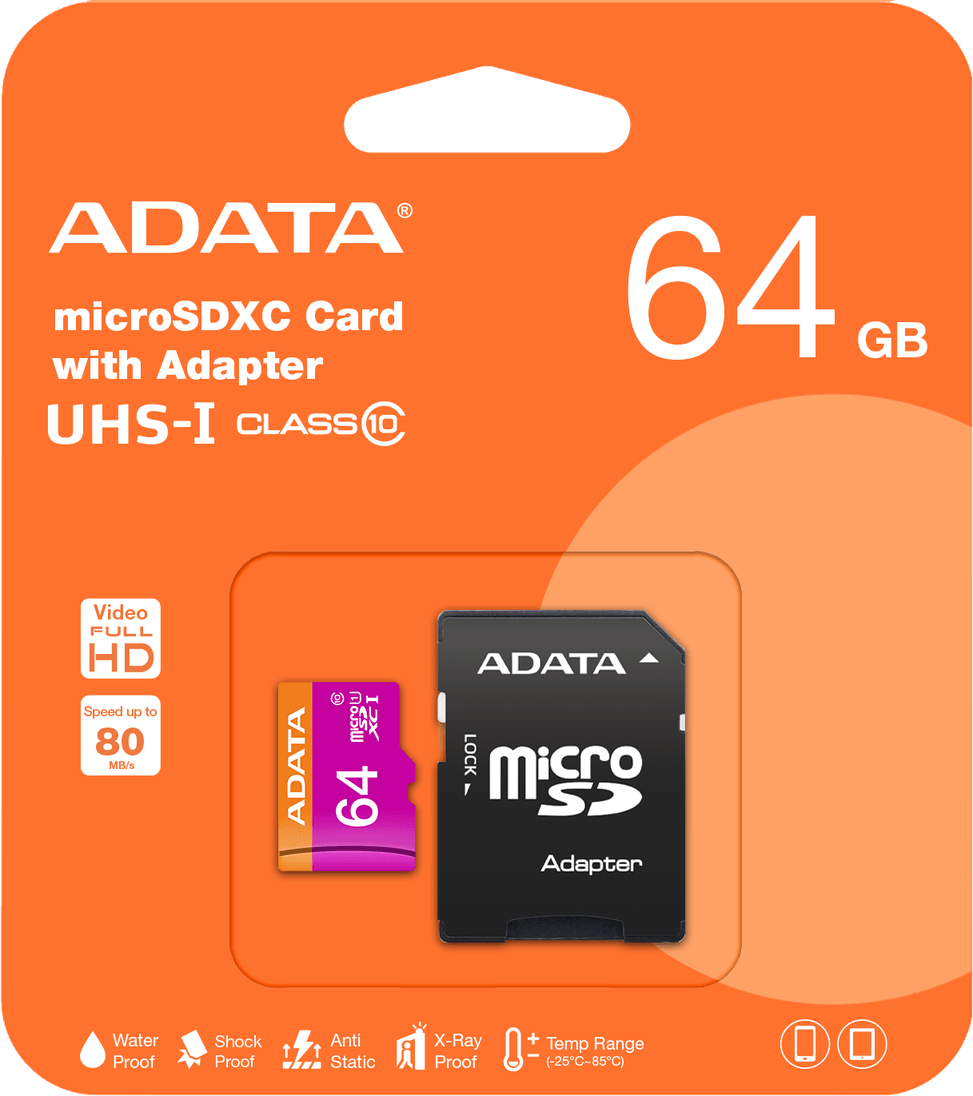 Carte Mémoire ADATA Micro SDHC Class 10 avec Adaptateur (AUSDX64GUICL10-RA1) au Maroc