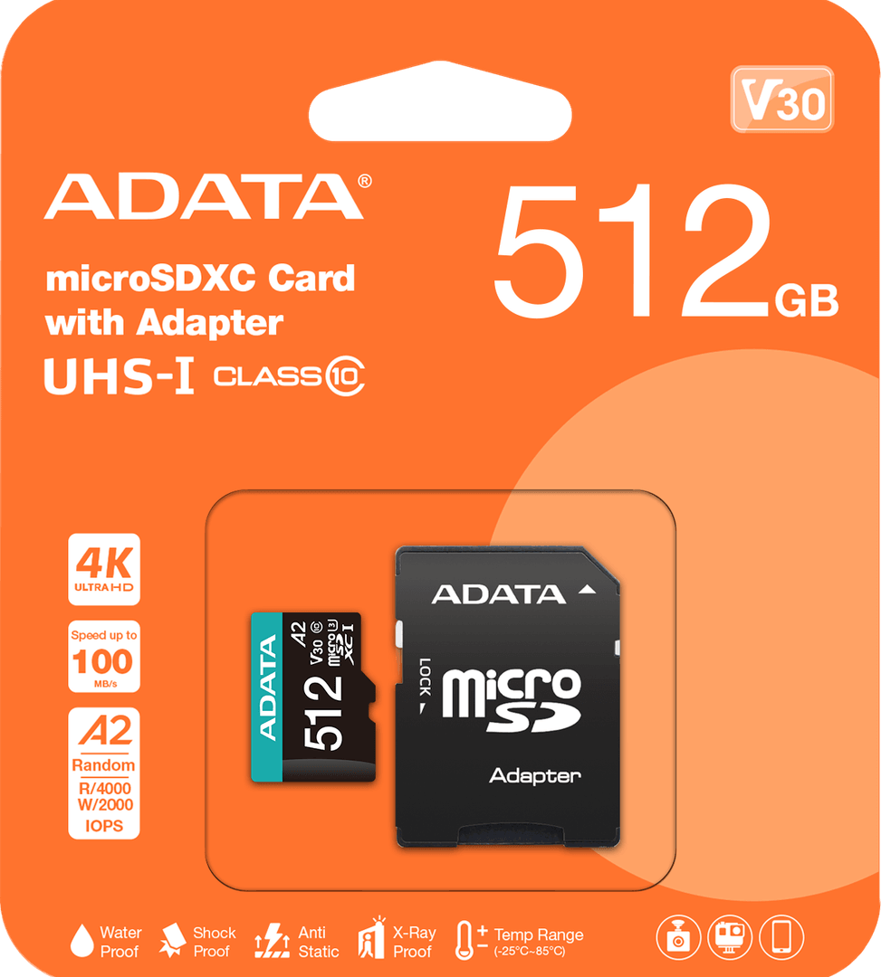 Carte mémoire ADATA Premier Pro 512 Go microSDXC/SDHC UHS-I U3 V30 (AUSDX512GUI3V30SA2-R) au Meilleur Prix au Maroc