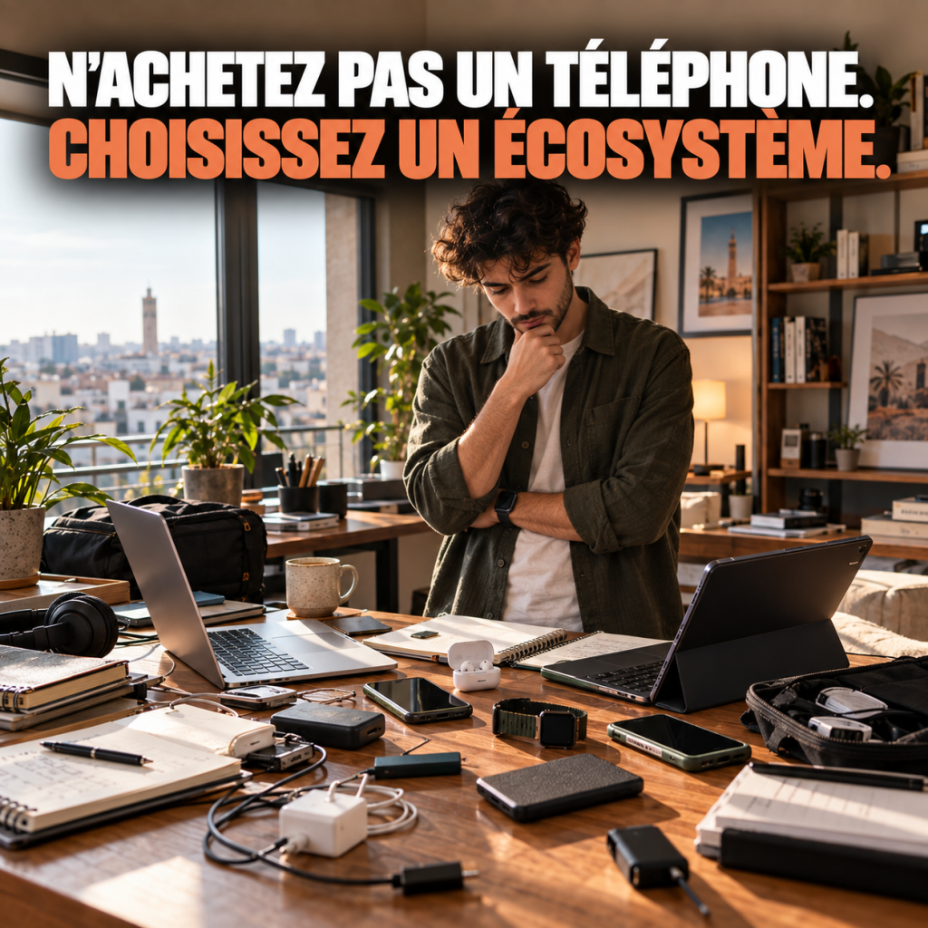Ecosysteme technologique sur bureau creatif Our Native Language is Solution. iPhone