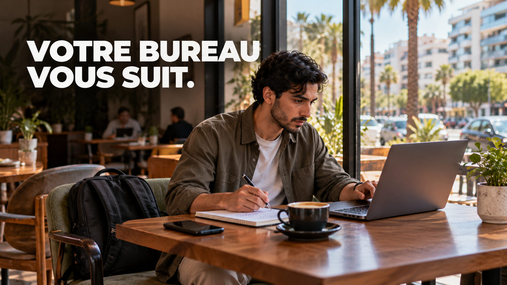 Votre bureau vous suit au cafe Our Native Language is Solution. Ordinateur fixe